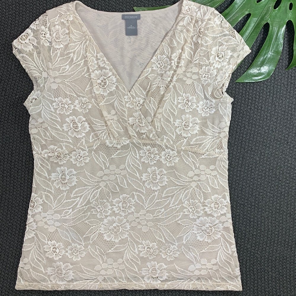 Ann Taylor Floral Lace Beige Blouse